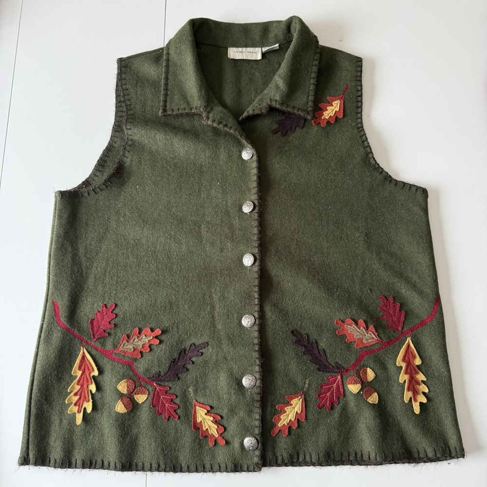 Lemon‎ Grass Women's 18W 80% Wool Green Fall Vest With Fall Leaves Cottage Core